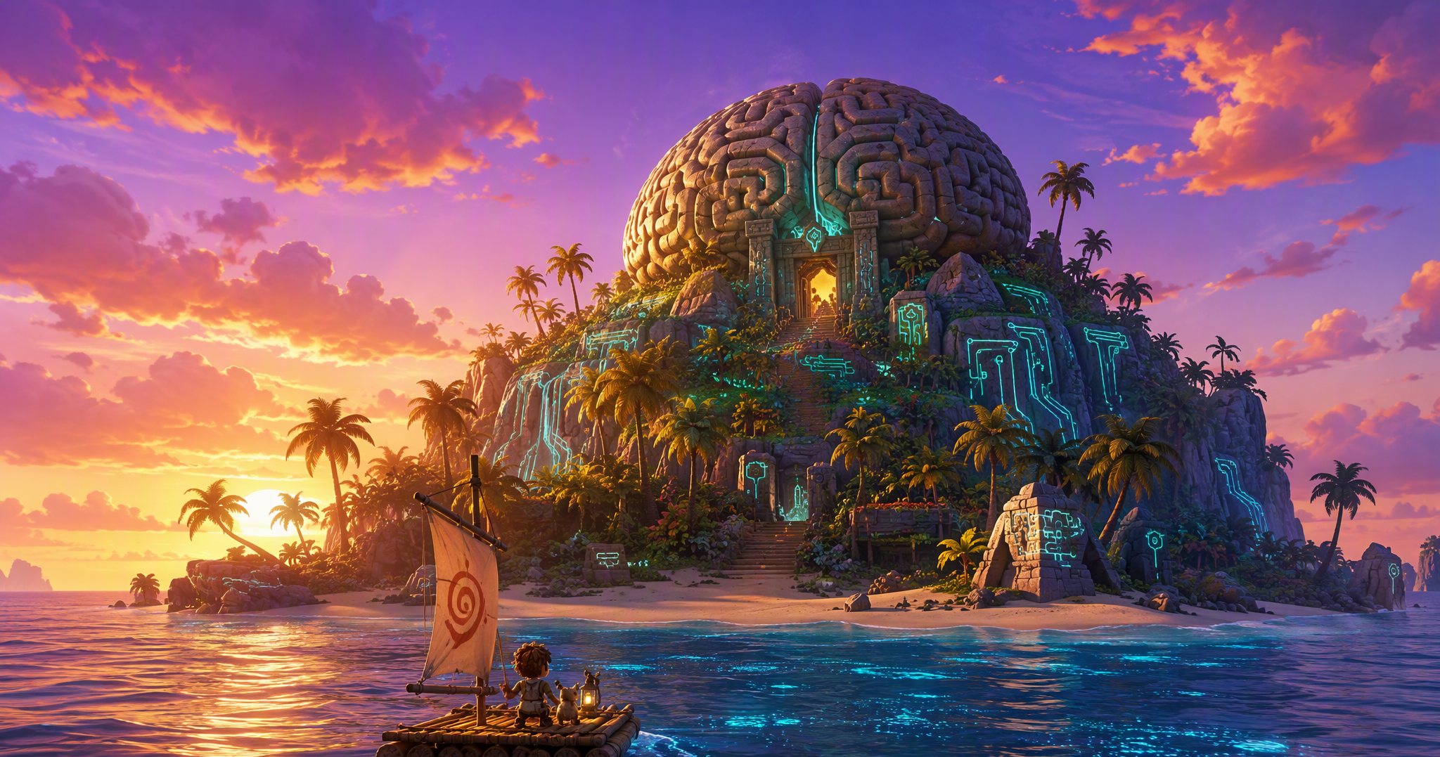 L'île-cerveau de graig.fun au coucher du soleil, temple lumineux et lagon turquoise